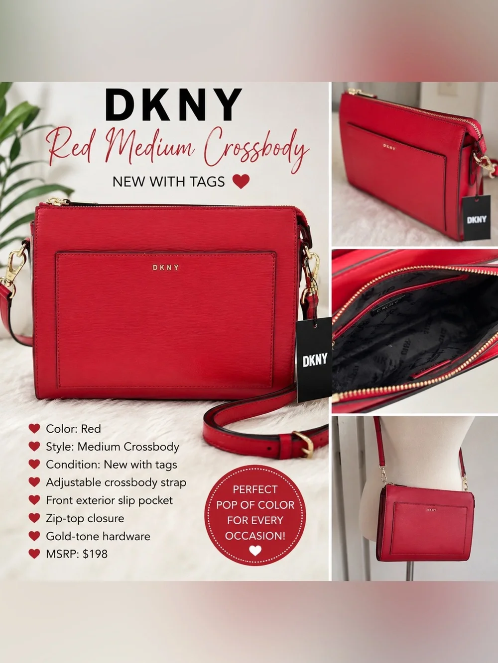 DKNY Red Leather Crossbody with Gold-Tone Hardware